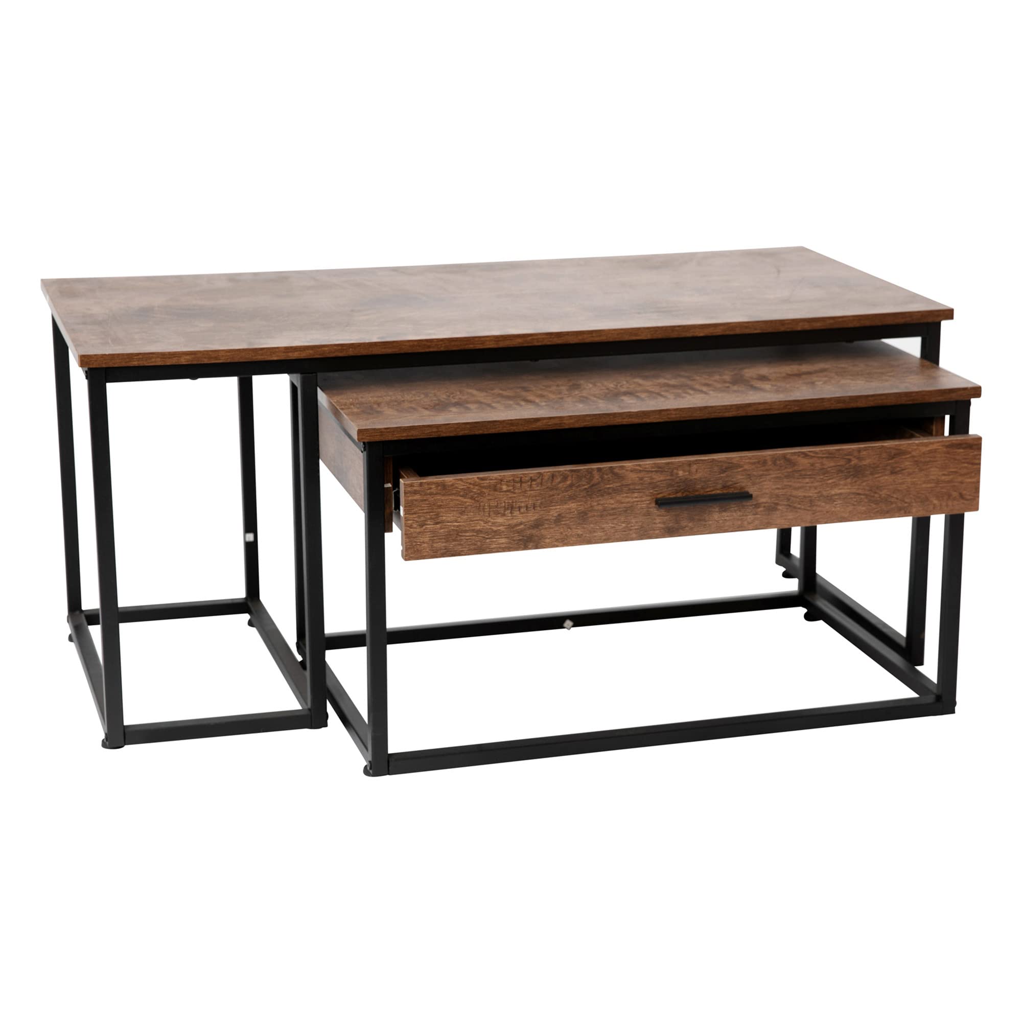 Flash Furniture Emerson 2 Piece Nesting Coffee Table Set - Engineered Wood Top in Walnut Finish - Black Sled Base Steel Frames - Storage Drawer